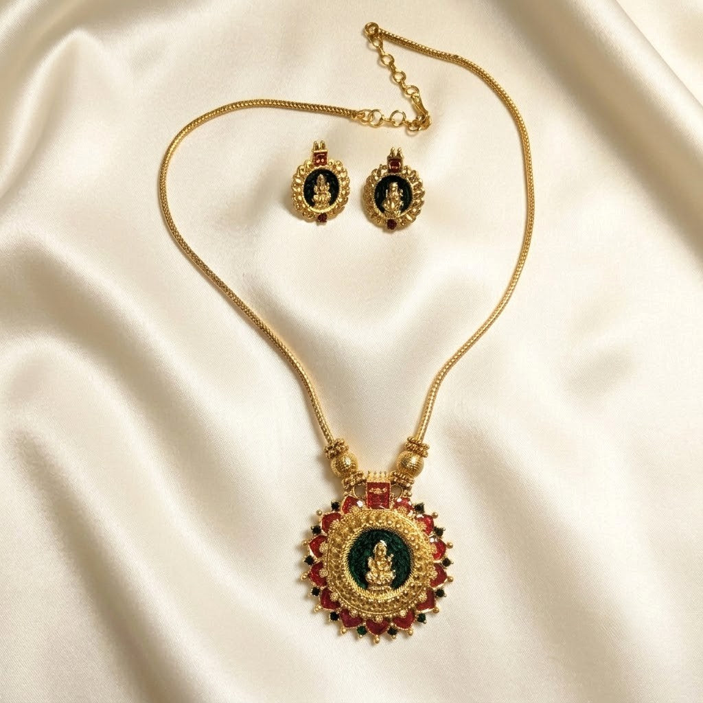 Palakka Style Lakshmi Enamel Pendant Necklace Set