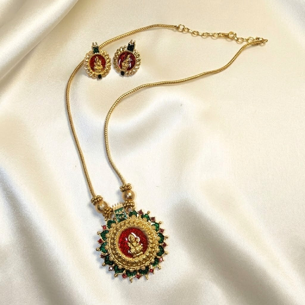 Palakka Style Lakshmi Enamel Pendant Necklace Set