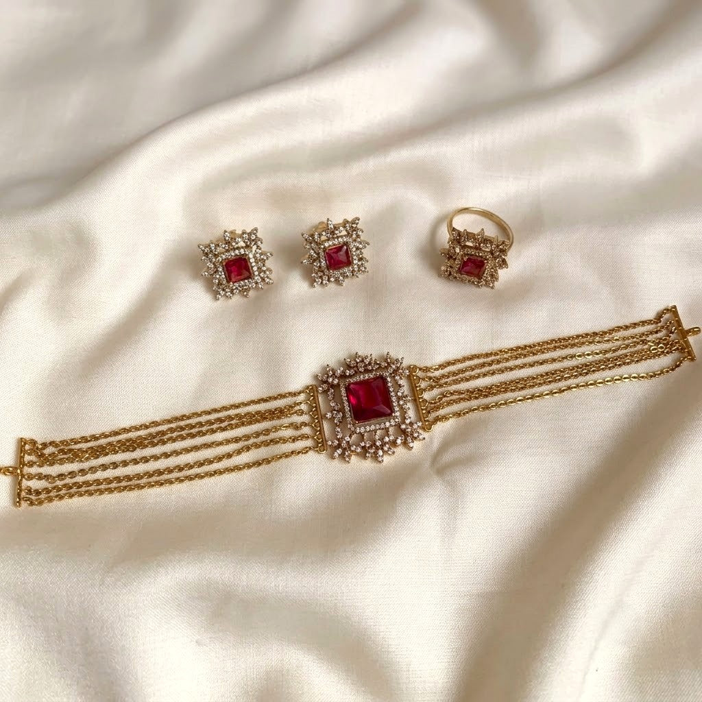 Gemstone AD Layer Chain Choker Partywear Necklace Set