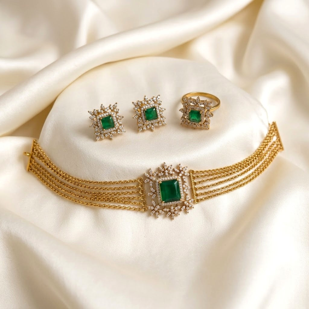 Gemstone AD Layer Chain Choker Partywear Necklace Set