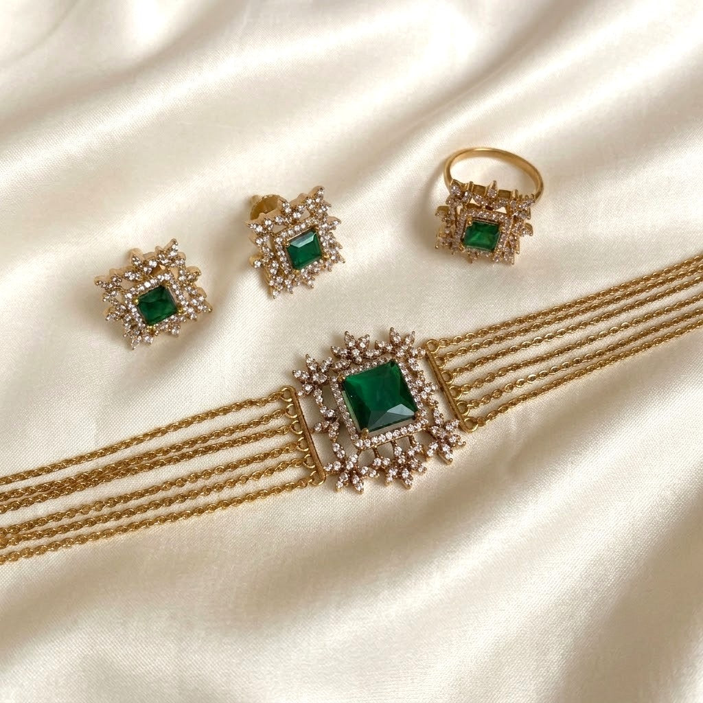 Gemstone AD Layer Chain Choker Partywear Necklace Set