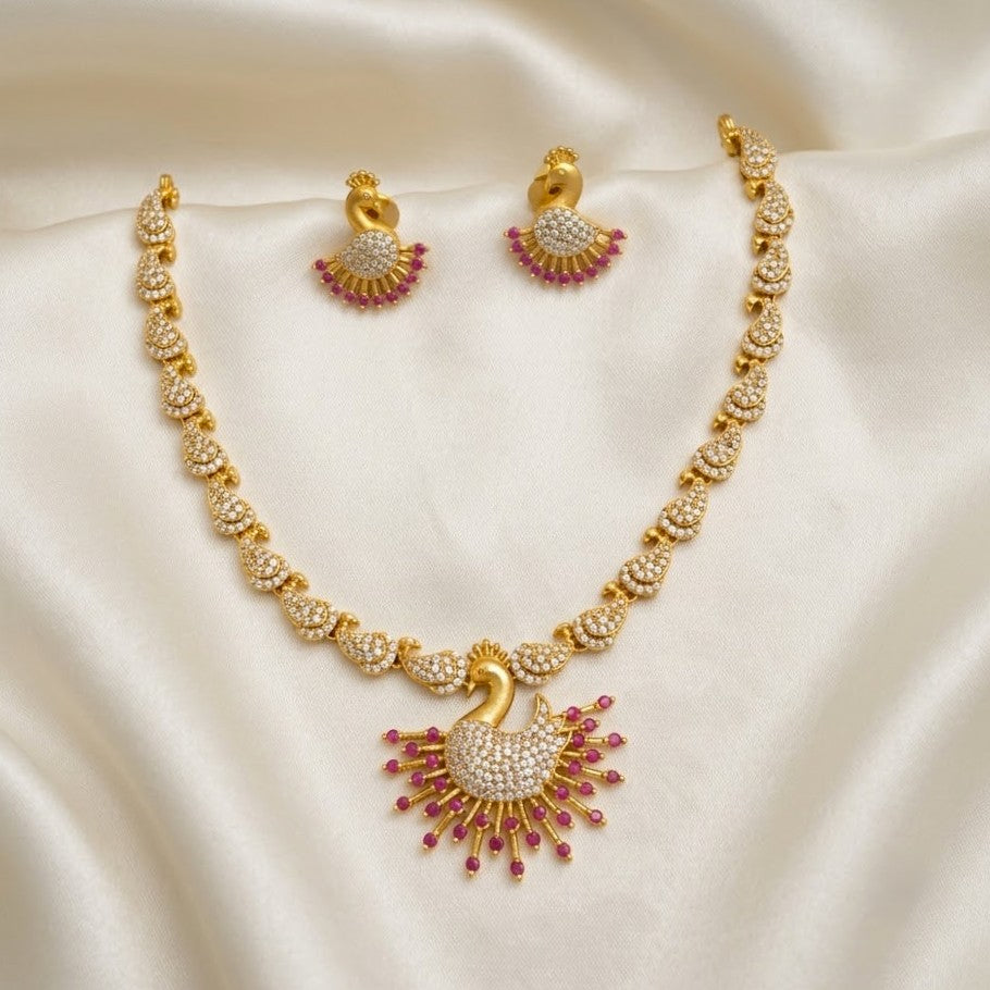 Peacock Gold Plated AD Peacock Necklace Set