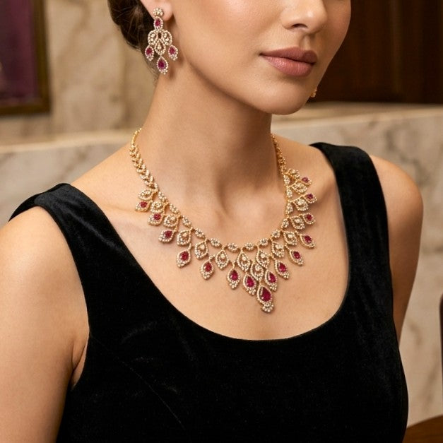 Gemstone Diamond Replica Partywear Necklace Set