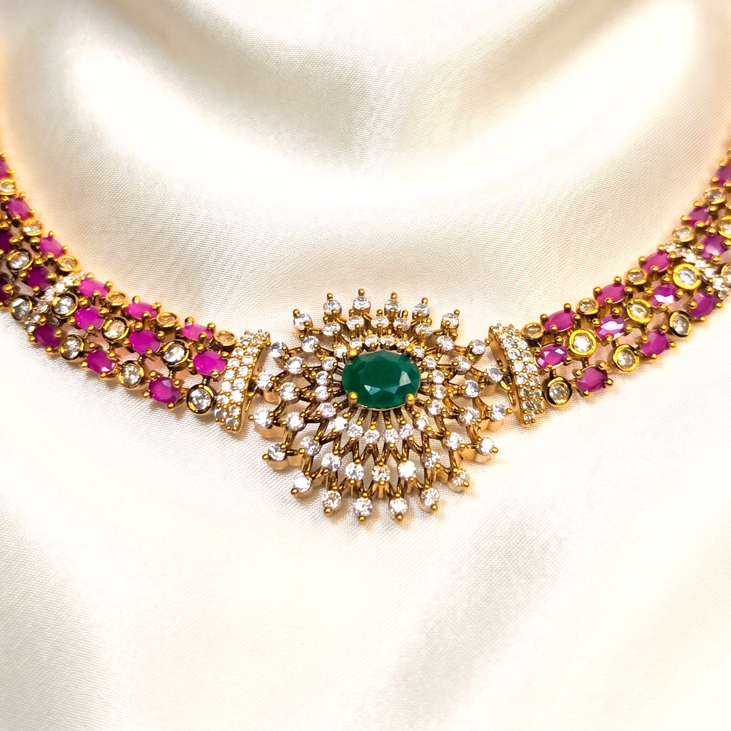 Gold Plated Ruby Emerald AD Partywear Necklace Set