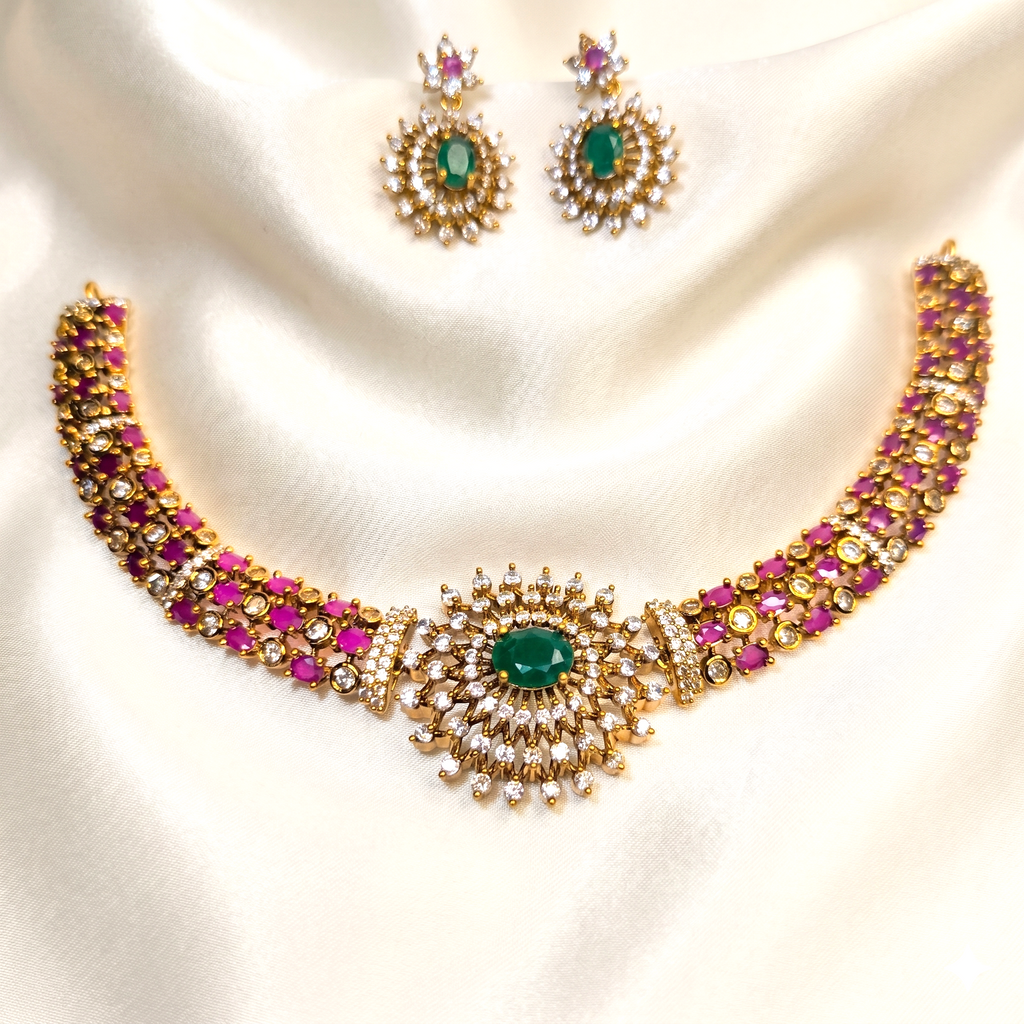 Arhoha Premium Gold Plated Ruby Emerald Replica Stone Studded Partywear Hasli Necklace Set.