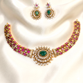 Arhoha Premium Gold Plated Ruby Emerald Replica Stone Studded Partywear Hasli Necklace Set.