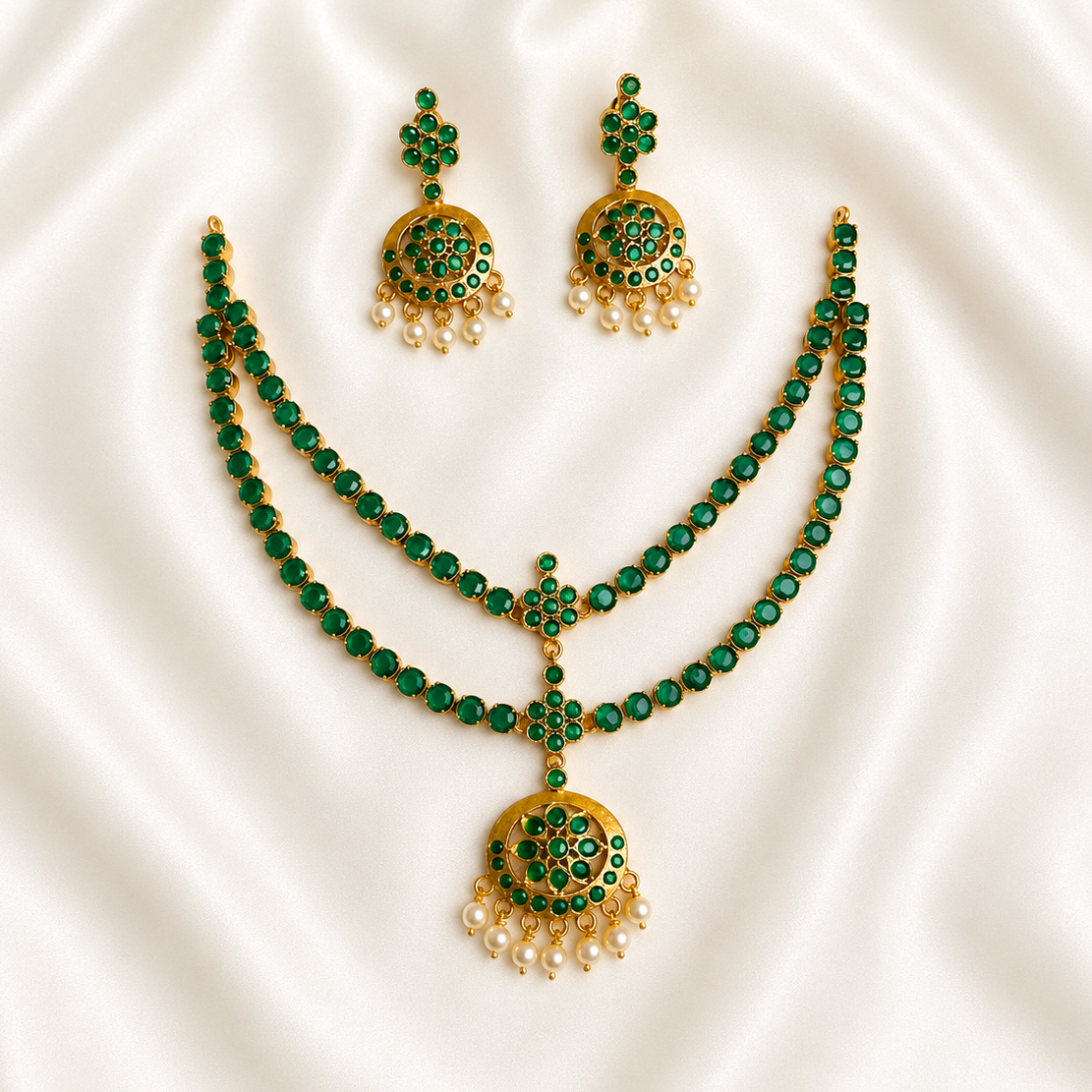 Vintage Double Layer Diamond Replica Attigai Necklace Set Arhoha jewels emerald