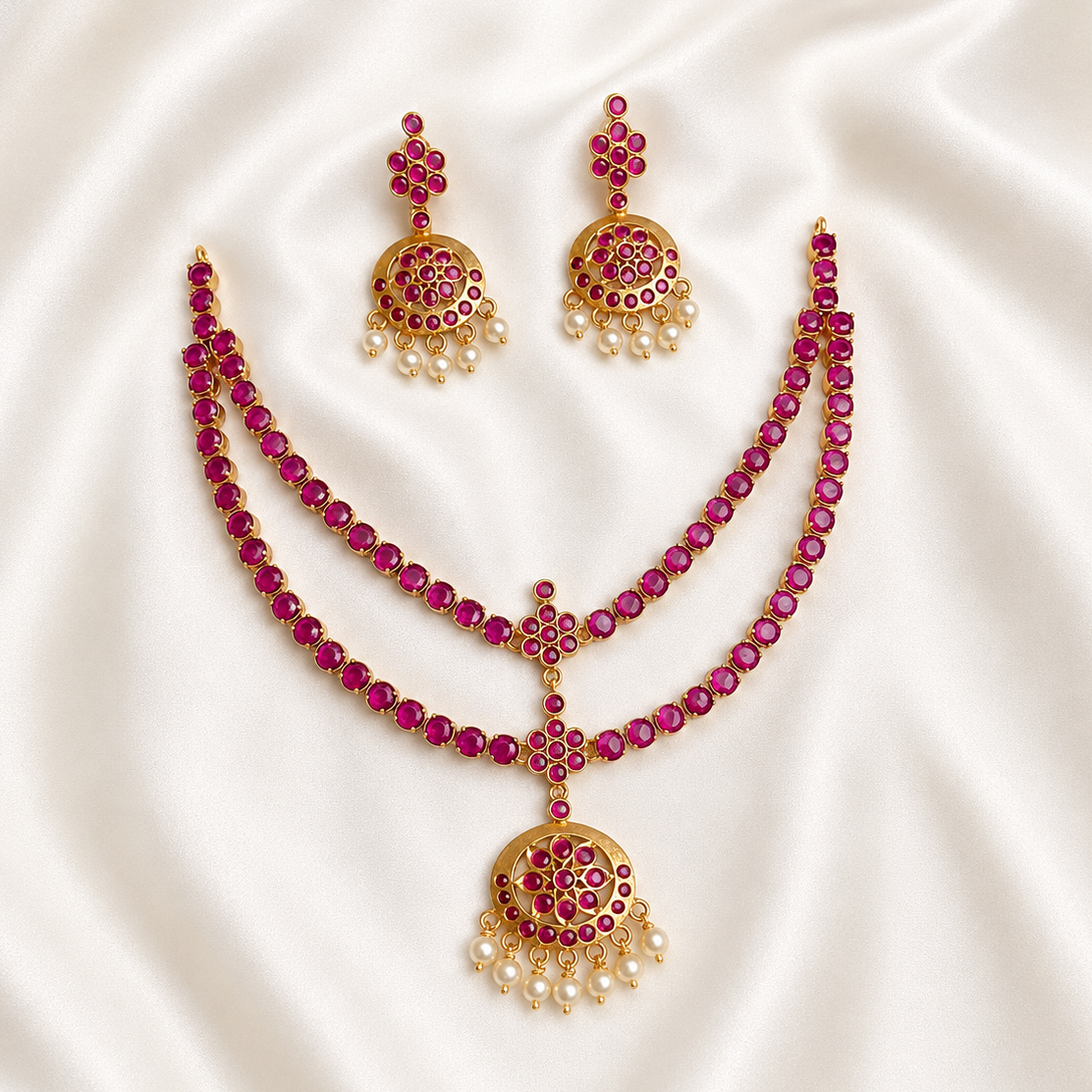 Vintage Double Layer Diamond Replica Attigai Necklace Set ruby